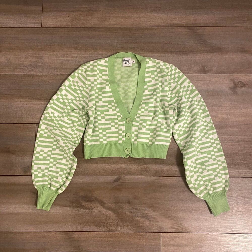 Princess Polly Cropped Green/White Cardigan